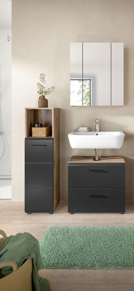 Modernes Badezimmermöbel-Set mit weißem Waschtisch, anthrazitfarbenem Unterschrank, Spiegelschrank und Hochschrank in Holzoptik.