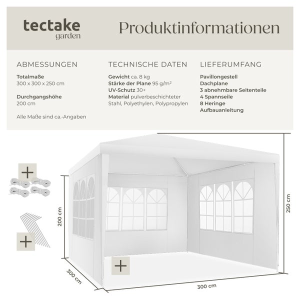 Pavillon tectake Barinas wasserdicht 3 x 3 m, im Stecksystem weiß