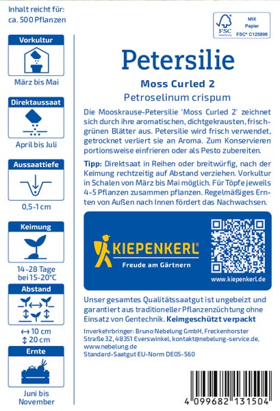 Saatgut Tüte Petersilie Moss Curled 2 von Kiepenkerl mit Anbauinformationen und Hinweisen zur Aussaat und Erntezeit.