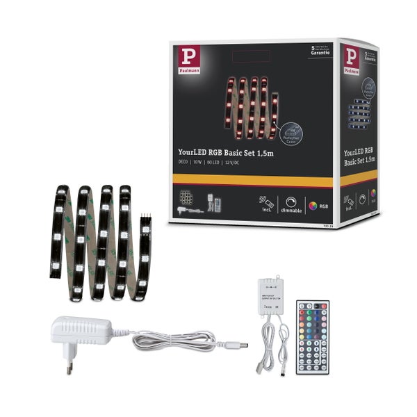 Paulmann YourLED RGB Basic Set 1,5 Meter inklusive LED-Streifen, Fernbedienung, Controller und Netzteil. Dimmbare Dekorationsbeleuchtung.
