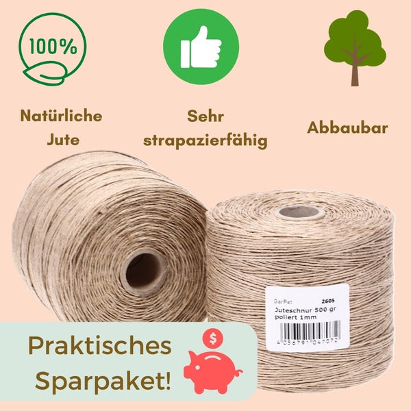 2x Juteschnur 500 m Bindfaden Schnur zum basteln Jutegarn Natur Jutekordel Paketschnur Gartenschnur Jute Bastelschnur Garten Pflanzschnur