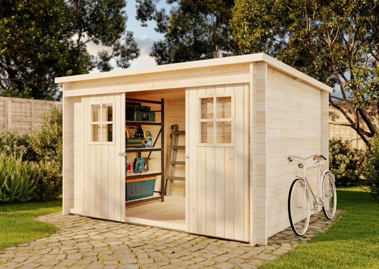 Alpholz Gerätehaus Vera Gerätehaus aus Holz, Geräteschrank mit 19 mm Wandstärke, Gartenhaus mit Montagematerial, Naturbelassen 3,3x2,4m