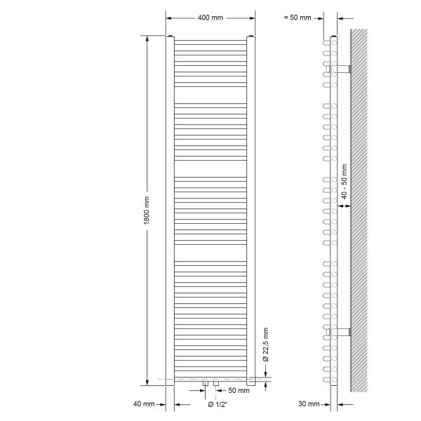 ECD Germany Badheizkörper Mittelanschluss 400 x 1800 mm Weiß gebogen mit Thermostat und Anschlussgarnitur Eck Wand Weiß - Heizkörper Heizung Handtuchwärmer Handtuchtrockner Handtuchheizkörper