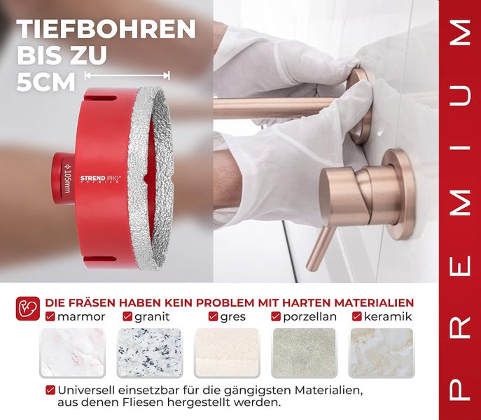 PROREGAL Diamant Bohrkronenaufsatz Premium Crystal 105 mm für Fliesen Glas Feinsteinzeug Keramik Granit Steinfliesen Winkelschleifer Flex M14
