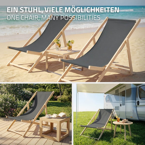 Drei Szenen mit einem Liegestuhl aus Holz mit grauem Stoff: am Sandstrand, auf einer Holzterrasse und beim Camping neben einem Wohnmobil.