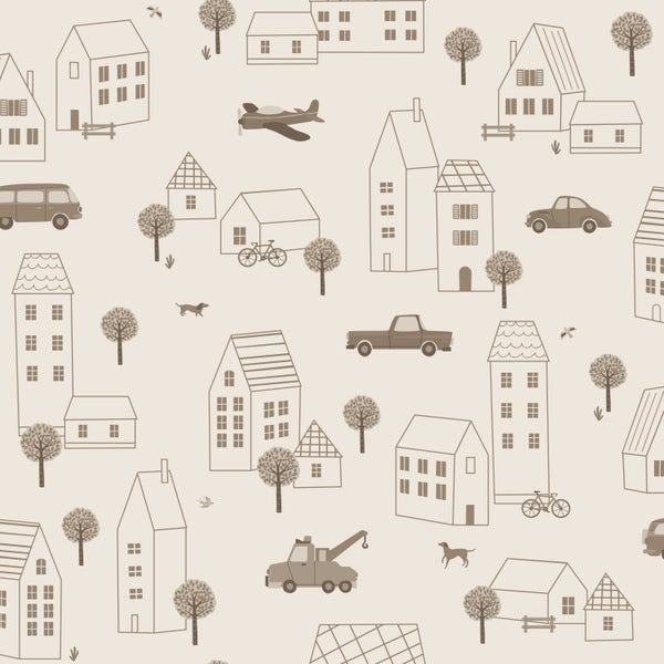 Illustration einer Häuseransicht mit Fahrzeugen und Bäumen