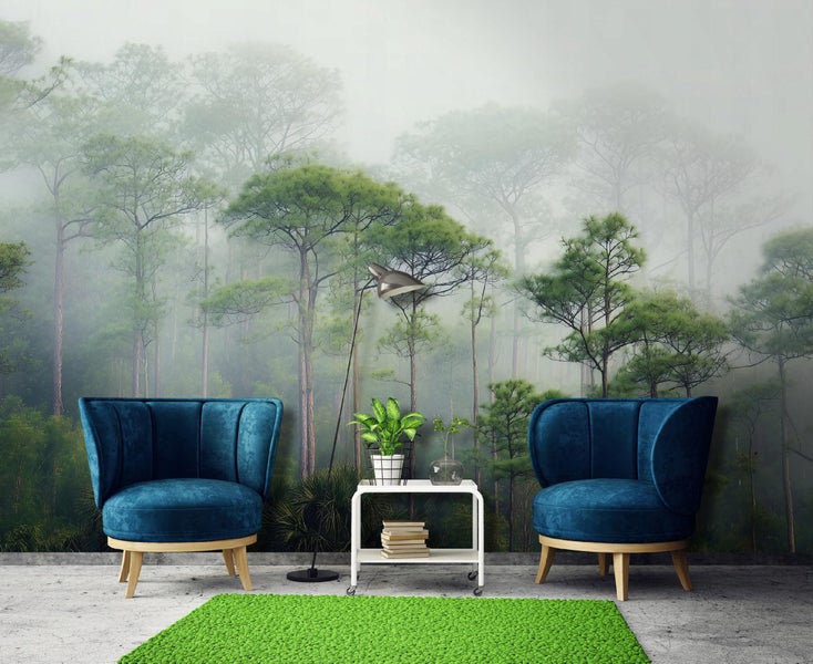 Fototapete 3D Effekt Wald Nebel Grün Wohnzimmer Vlies Tapete 400x280 cm