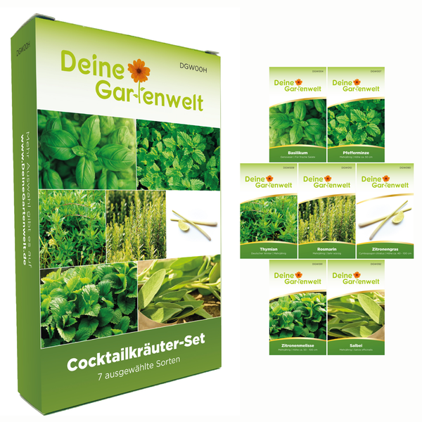 Cocktailkräuter-Set von Deine Gartenwelt mit sieben Kräutersorten: Basilikum, Pfefferminze, Thymian, Rosmarin, Zitronengras, Melisse und Salbei.
