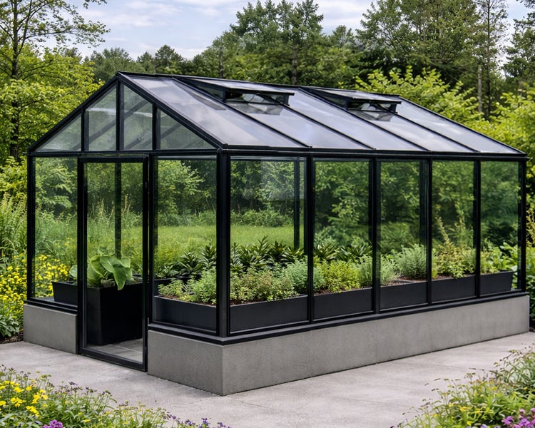 Großes Gewächshaus mit schwarzem Aluminiumrahmen, Glaswänden und Betonsockel, ausgestattet mit Pflanzkästen im Innenraum.