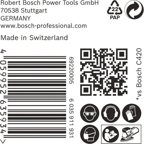Robert Bosch Power Tools GmbH Logo, Barcode, QR Code und verschiedene Schutzsymbole
