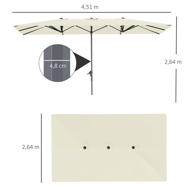 Outsunny Doppelsonnenschirm mit Kurbel 451 x 264 cm, UV Schutz 50+ Sonnenschirm, windfest Gartenschirm Balkonschirm Aluminium Marktschirm Sonnenschutz für Balkon Terrasse Garten Cremeweiß