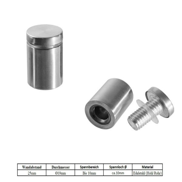 Edelstahl Wandabstandshalter mit 19 Millimeter Durchmesser und 25 Millimeter Wandabstand inklusive technischer Daten in einer Tabelle.
