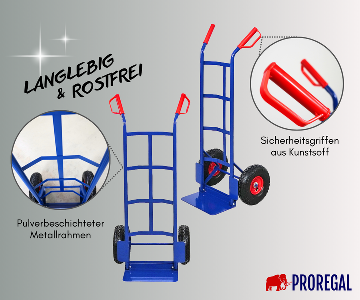 Blaue Sackkarre aus pulverbeschichtetem Metall mit roten Sicherheitsgriffen aus Kunststoff, langlebig und rostfrei, PROREGAL Logo.