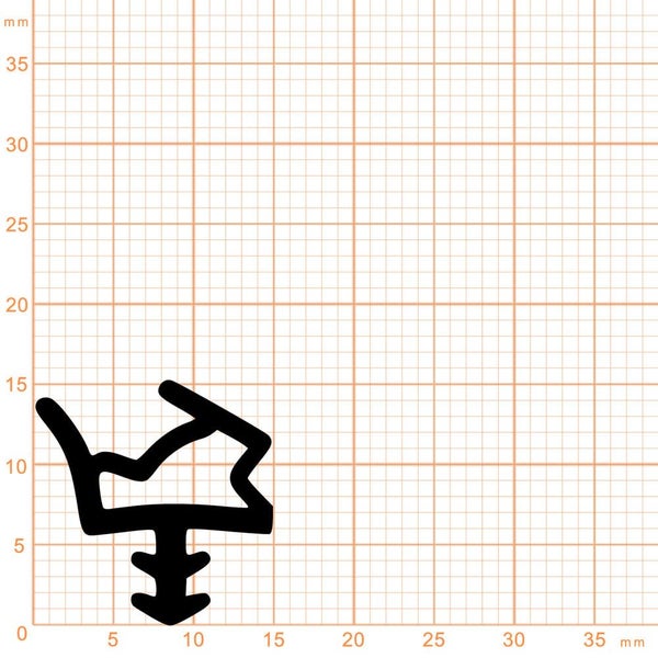 Querschnitt einer schwarzen Profildichtung auf einem Millimeter-Raster, circa 15 Millimeter breit und 14 Millimeter hoch.