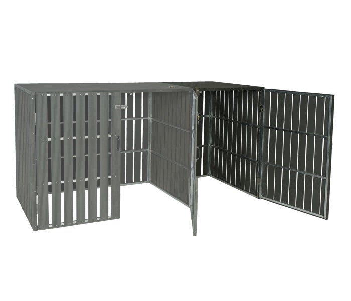 Offene graue Mülltonnenbox für zwei Mülltonnen