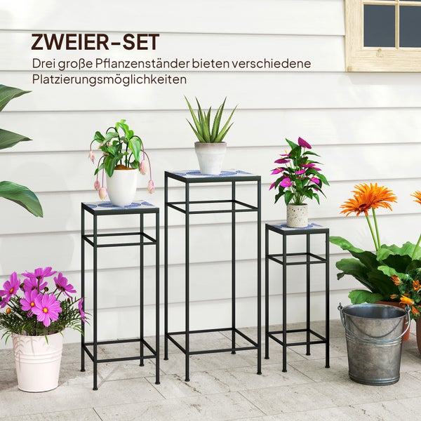 Outsunny 3er-Set Pflanzenständer, 71 cm hoch Blumenständer für Innen, Pflanzenregal aus Metall, 3 verschieden große Blumenregal, Blumenhocker, Blumentopfständer für Wohnzimmer Garten Balkon Blau+Weiß