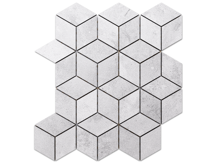 Hellgraue Mosaikfliesen aus Naturstein mit dreidimensionalem Würfelmuster.