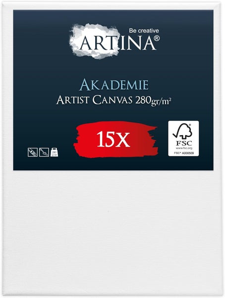 Artina Akademie Künstlerleinwand Set, 15 Stück, weiß, 280 Gramm pro Quadratmeter, zertifiziert für verantwortungsvolle Waldwirtschaft.