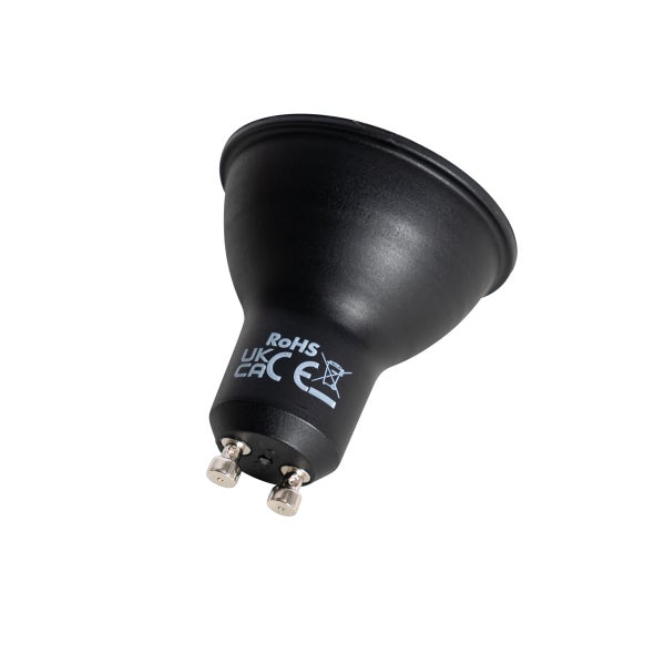 Schwarze LED-Lampe mit GU10-Sockel in Reflektorform und Konformitätskennzeichnungen.