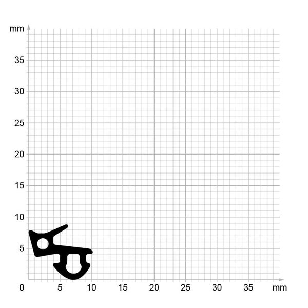 Querschnittsprofil einer Gummidichtung auf Millimeterpapier dargestellt zur genauen Bemassung.