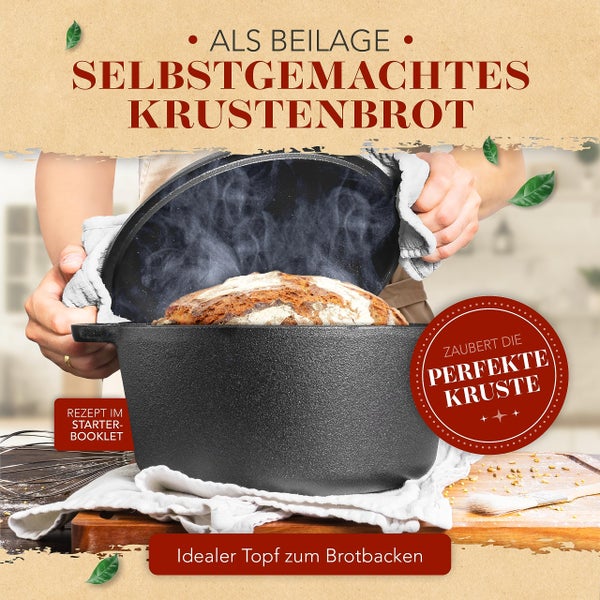 KRUSTENZAUBER Gusseisen Topf [inkl. Fleischgabel] - Robuster 26cm Gusseisen Bräter mit Deckel Backofengeeignet - Ideal als Schmortopf Induktion, Dutch Oven Set, Kazan, Cast Iron Pot, Kochtopf