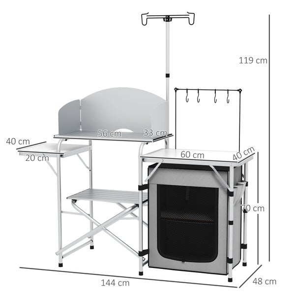 Outsunny Campingküche klappbar, Outdoor Küche mit UV-Schutz, Windschutz, Schränkfach, 3 Arbeitsplatten, Lichtständer, Aluminium, für Camping, Garten, Silber