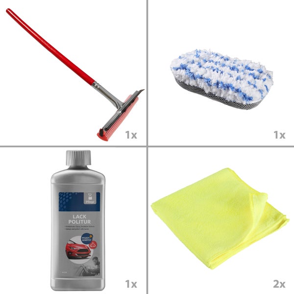 Autopflege Set mit Lackpolitur, Schwamm, Fensterabzieher und Mikrofasertüchern