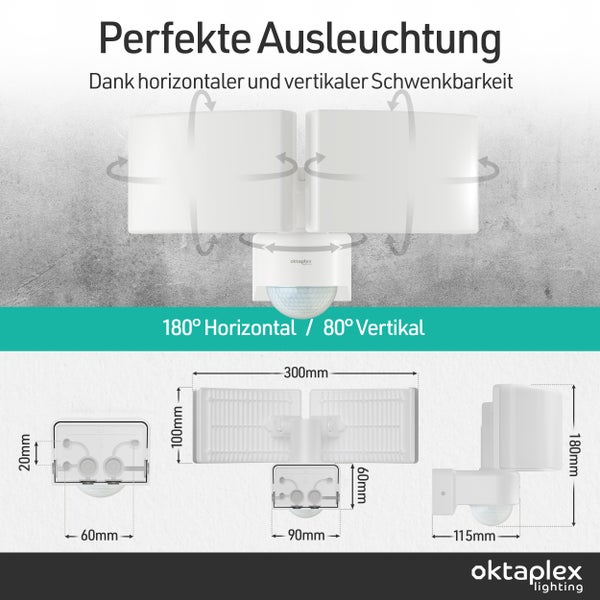Technische Zeichnung einer schwenkbaren Außenleuchte von oktaplex lighting mit horizontalem und vertikalem Schwenkbereich sowie Maßangaben in Millimeter