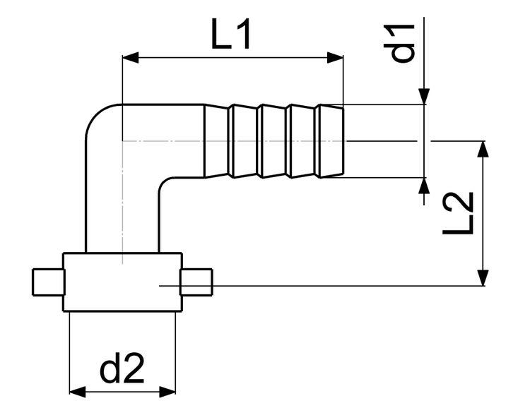 Technische Zeichnung einer 90 Grad Schlauchtülle mit Schnellkupplung sowie Massangaben L1, L2, d1 und d2.