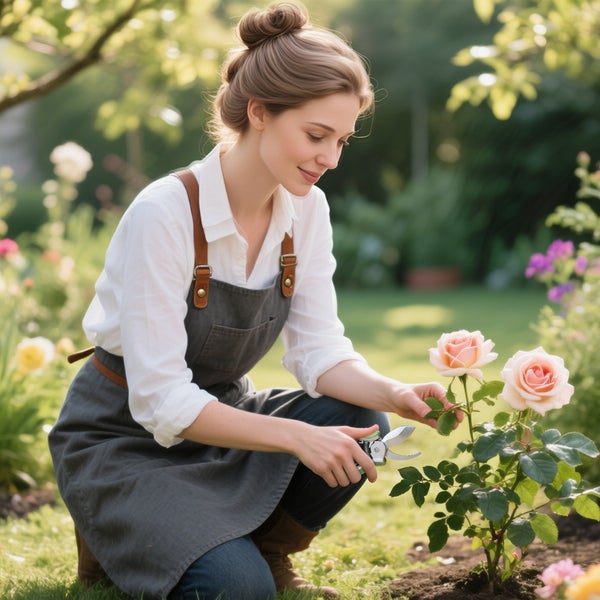 Frau schneidet Rosen mit einer Gartenschere im Garten.