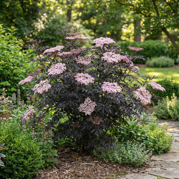 Schwarzer Holunder mit dunkelviolettem Laub und rosa Blüten im Garten neben einem Steinweg.