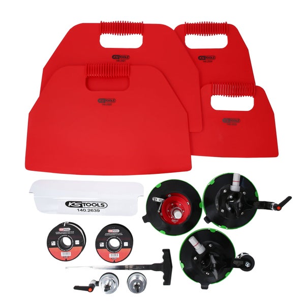 Werkzeugsatz für das Schneiden von Windschutzscheiben mit Saugnäpfen, Schneiddrähten und Schutzblechen