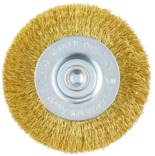 kwb Scheiben-Bürste, fein, Messing-Draht, Ø 75 mm für Metall und Stein, Drahtbürste für Bohr-Maschine inkl. E6.3 Sechskant-Schaft, zum Entrosten, Entzundern, Aufrauen und Reinigen