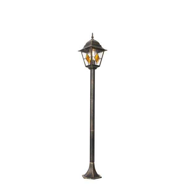 Klassische Mastleuchte in Schwarz-Gold-Optik mit gemustertem Glas und gelben Akzenten.