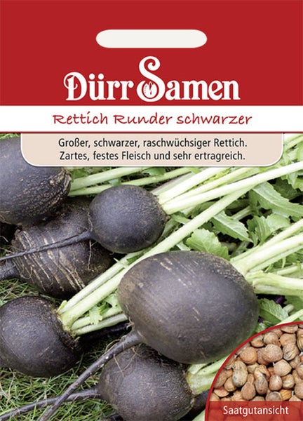 Dürr Samen Logo. Samentüte Rettich Runder schwarzer mit Abbildung der schwarzen Rettiche und einer Ansicht der Samen.