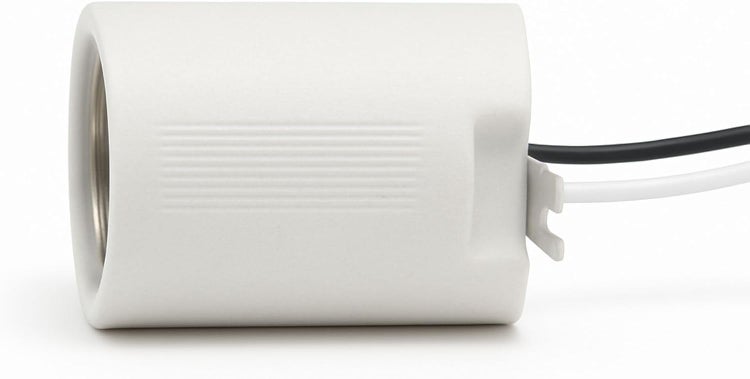 Weiße E27 Porzellanfassung mit Anschlusskabeln.