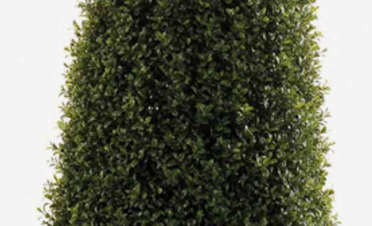 Künstlicher Buchsbaum im Topf, grüne Kunstpflanze in dunklem Übertopf.