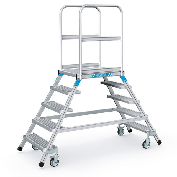 Zarges Podestleiter fahrbar mit 2x5 Stahl-Gitterrost-Stufen
