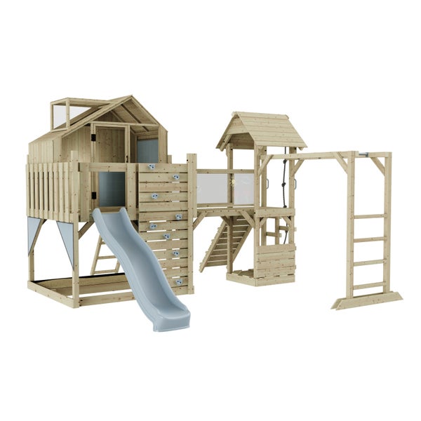 Spielanlage aus Holz mit Rutsche, Kletterwand, Schaukel und Spielhaus