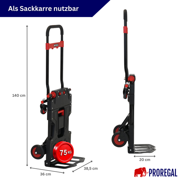 Proregal Sackkarre klappbar mit Maßen: Höhe 140 Zentimeter, Breite 36 Zentimeter, Tiefe 38,5 Zentimeter, Tragkraft 75 Kilogramm.
