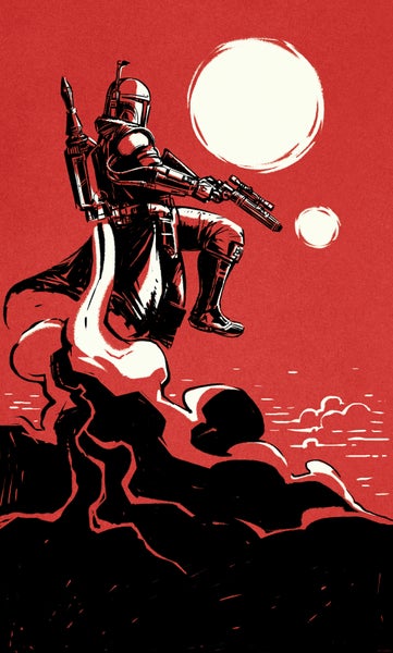 Illustration einer Figur mit Rüstung, die auf einem Felsen vor zwei Monden steht und ein Gewehr hält.