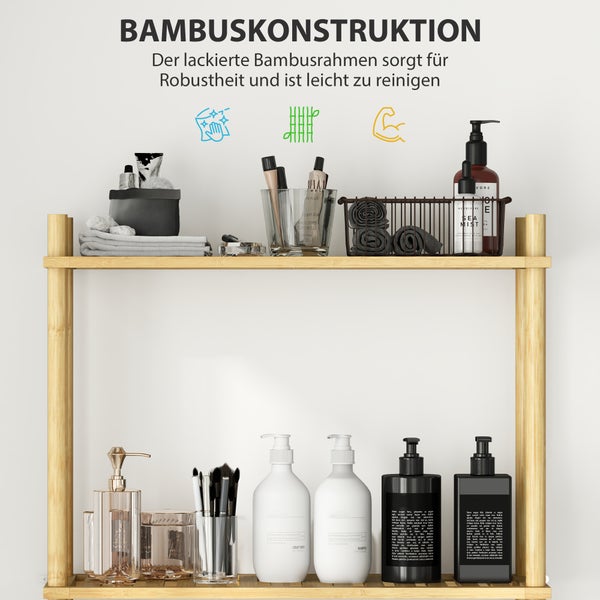 Organisiertes, zweistufiges Badezimmerregal aus lackiertem Bambus für Pflegeprodukte, robust und leicht zu reinigen.