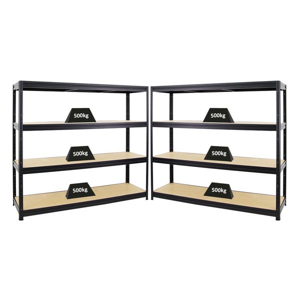 Zwei Schwerlastregale aus Metall mit Holzböden, jeder Boden belastbar bis zu 500 Kilogramm.