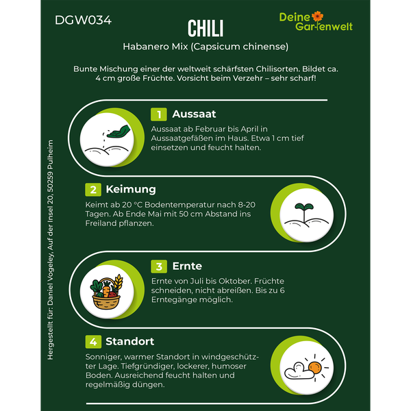 Infografik für Chili Habanero Mix von Deine Gartenwelt Logo mit Informationen zu Aussaat, Keimung, Ernte und Standort.