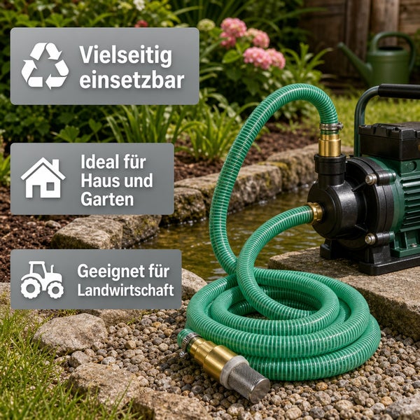 Gartenpumpe mit Saugschlauch und Filter im Garten vor einem Teich mit Informationen zur vielseitigen Einsetzbarkeit und Anwendungsmöglichkeiten.