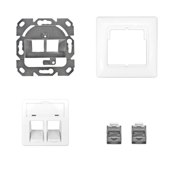 ProfiPatch Keystone Netzwerkdose LAN Dose Cat6A 500MHz Unterputz 2x RJ45 Port Anschluss POE CAT7,CAT6A,CAT6,CAT5 geschirmt weiß