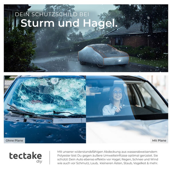 Auto mit tectake Autoabdeckung geschützt vor Sturm und Hagel; Auto ohne Abdeckung mit Hagelschaden