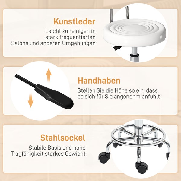 Produktmerkmale des Rollhockers: Sitzfläche aus Kunstleder, höhenverstellbarer Hebel und stabiles Stahlfußkreuz mit Rollen.