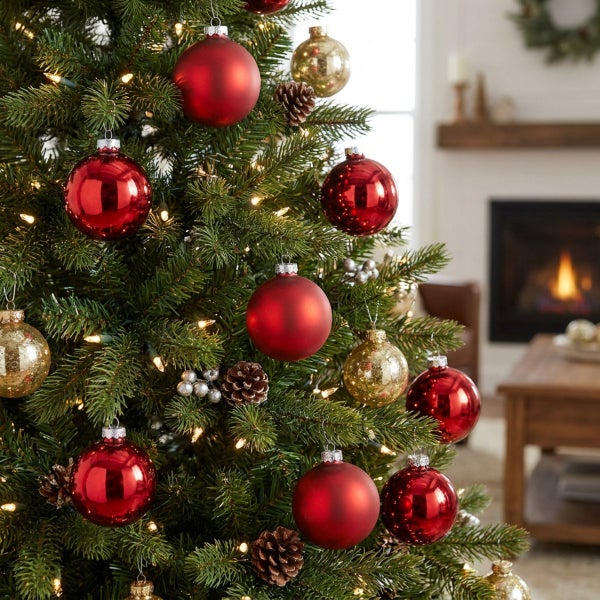 Weihnachtsbaum mit Weihnachtskugeln und Tannenzapfen dekoriert im Wohnzimmer vor einem Kamin.