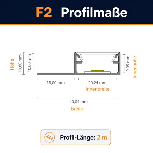 Technische Zeichnung der Maße für das LED Aluminium Profil F2 mit einer Profillänge von 2 Meter und detaillierten Angaben zu Höhe und Breite.